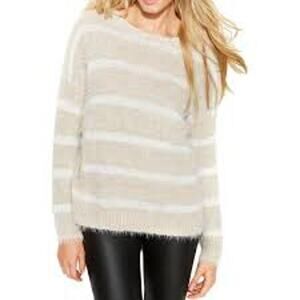 Calvin Klein Women's Chunky Oversized Boyfriend Beige Cream Striped Sweater Cozy